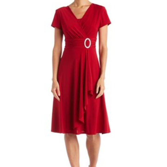 R&M Richards Women's Bell Sleeve Wrap Dress - Sheer Trim, Rhinestone Detail, Flowy Style